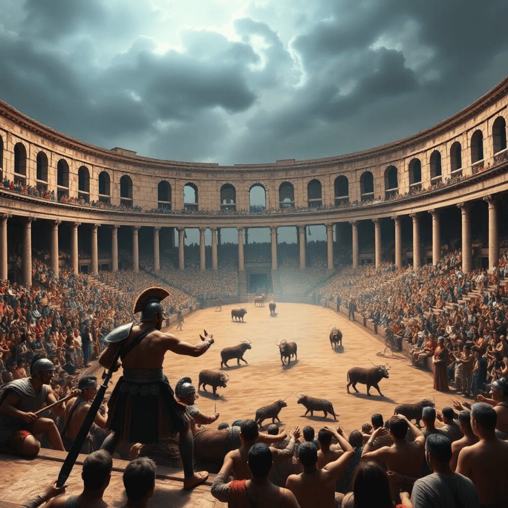 Ancient Roman amphitheater packed with spectators watching gladiators fight alongside exotic animals in a realistic, dramatic scene.
