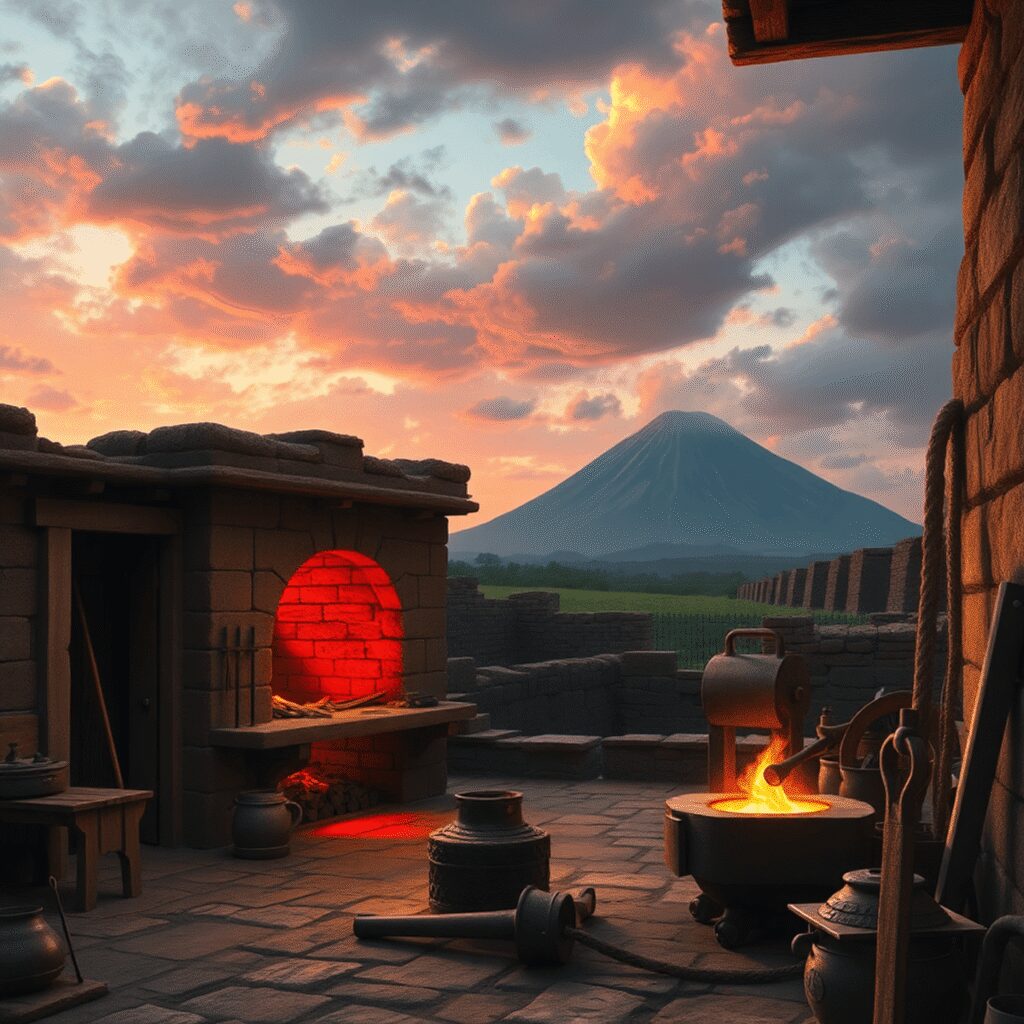 Pompeii’s Blacksmiths and Metalworkers: Daily Life in the Shadows of Vesuvius Ancient Roman blacksmith workshop with glowing forge, metal tools, and Mount Vesuvius under a dramatic sky in Pompeii.