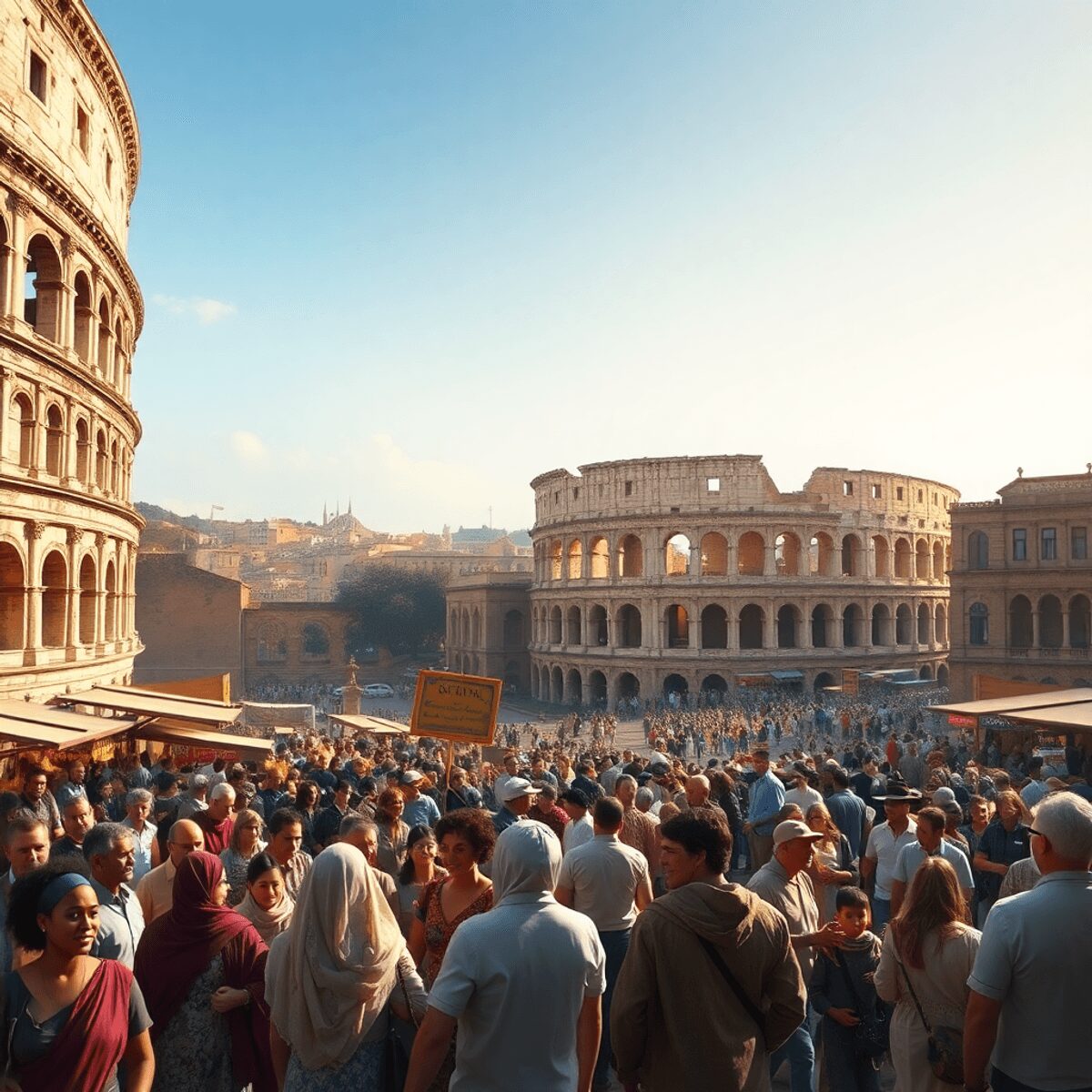 How Ancient Rome Handled Immigration and Integration Ancient Roman cityscape with Colosseum, arches, and a lively marketplace filled with diverse people under warm sunlight.