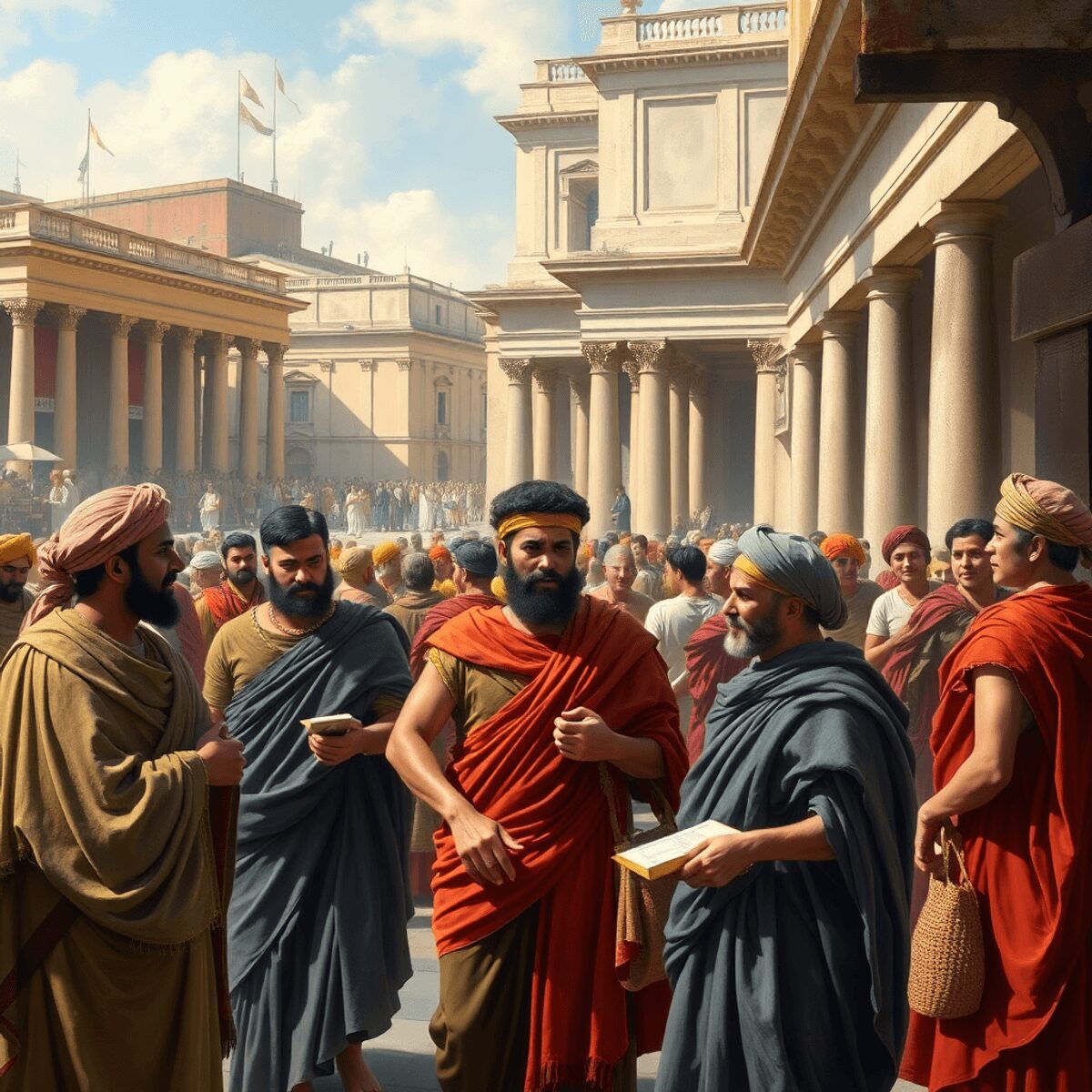 Ancient Roman freedmen trading and engaging in cultural activities in a lively market with classical Roman buildings in the background.