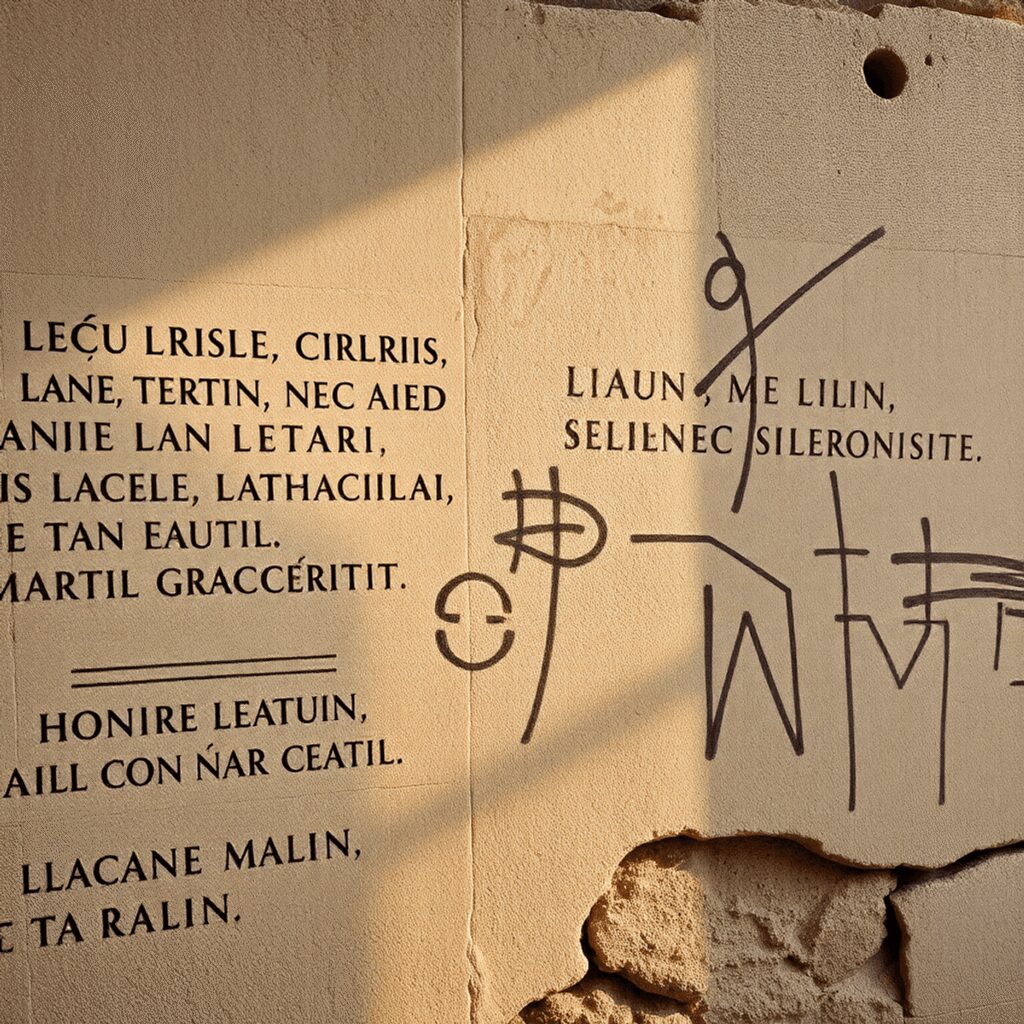 Decoding Ancient Roman Graffiti: Voices from the Streets of Pompeii Ancient Roman graffiti with Latin inscriptions and drawings on weathered Pompeii stone walls, softly lit, highlighting historical and cultural sign...