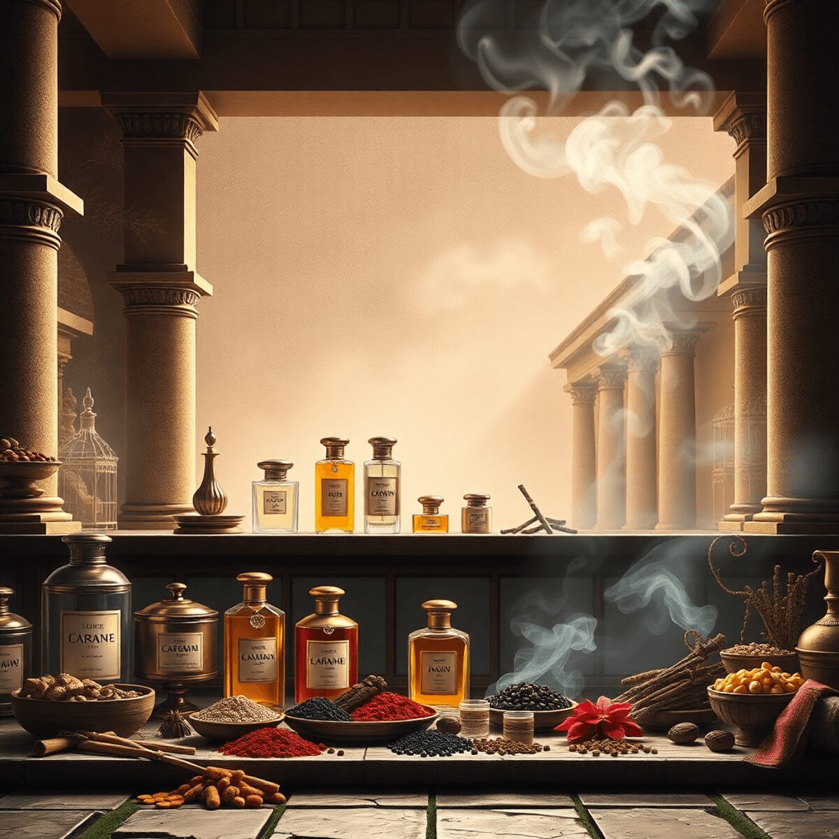 Ancient Roman marketplace with luxurious perfume bottles, exotic spices, and incense smoke rising, showcasing wealth and power in a realistic style.