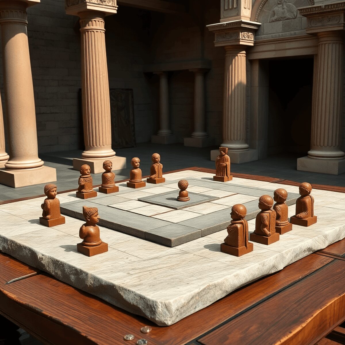 Ancient Roman Board Games: Entertainment Beyond Gladiators and Chariots Ancient Roman stone game board with carved pieces on a rustic wooden table, surrounded by columns and arches in a realistic historical setting.