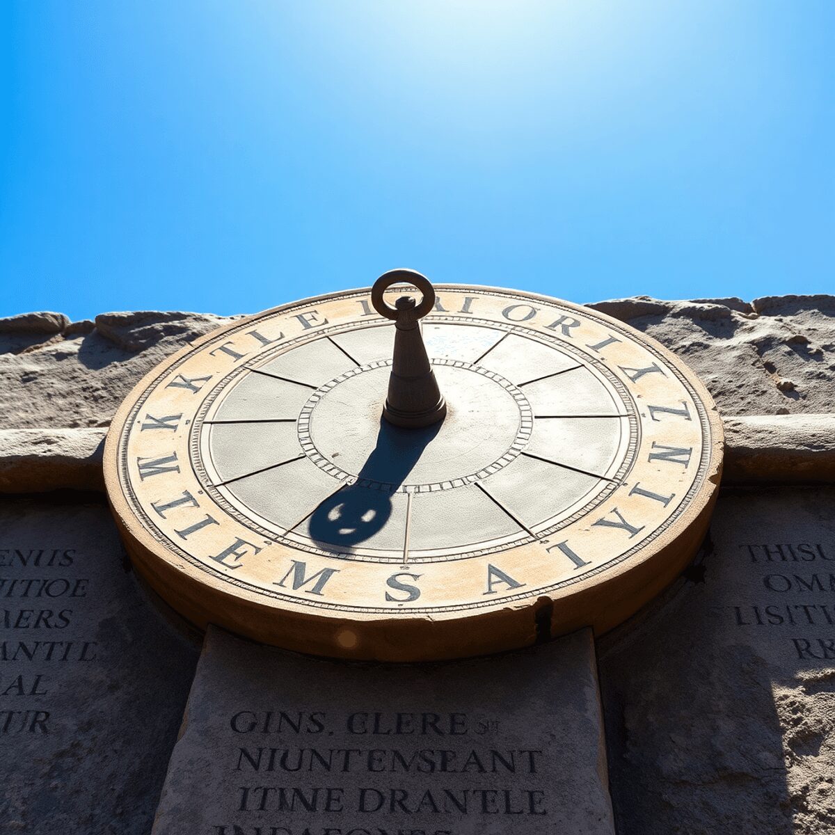 Roman Timekeeping: How Sundials and Calendars Regulated Daily Routines Ancient Roman sundial casting shadow under bright sun, with a Roman calendar stone featuring Latin inscriptions in the background.