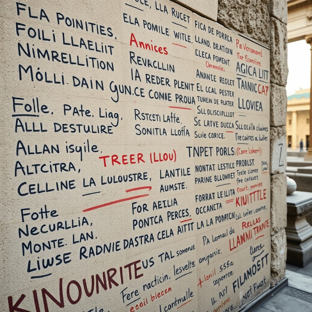 Ancient Roman wall with Latin graffiti, featuring political and social messages, set against a Pompeii backdrop with classical architecture.