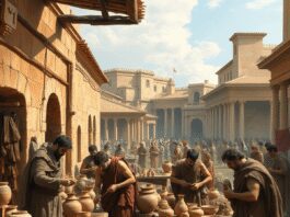 Artisan workshop with craftsmen making pottery, leather goods, and textiles in a busy ancient Roman urban setting with classical buildings.