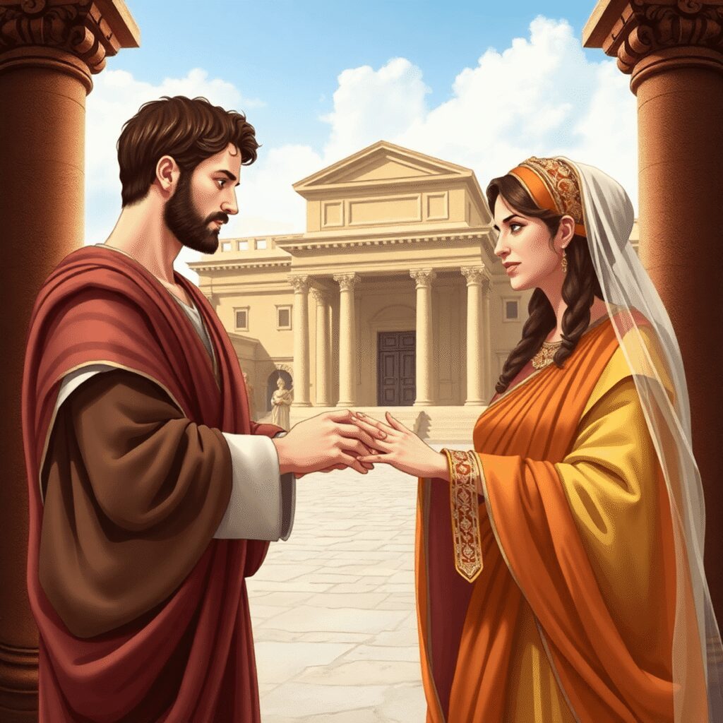The Evolution of Marriage Traditions from Rome to the Present Day Artistic illustration of an ancient Roman wedding with traditional attire, ring exchange, and classical Roman architecture in a realistic style.
