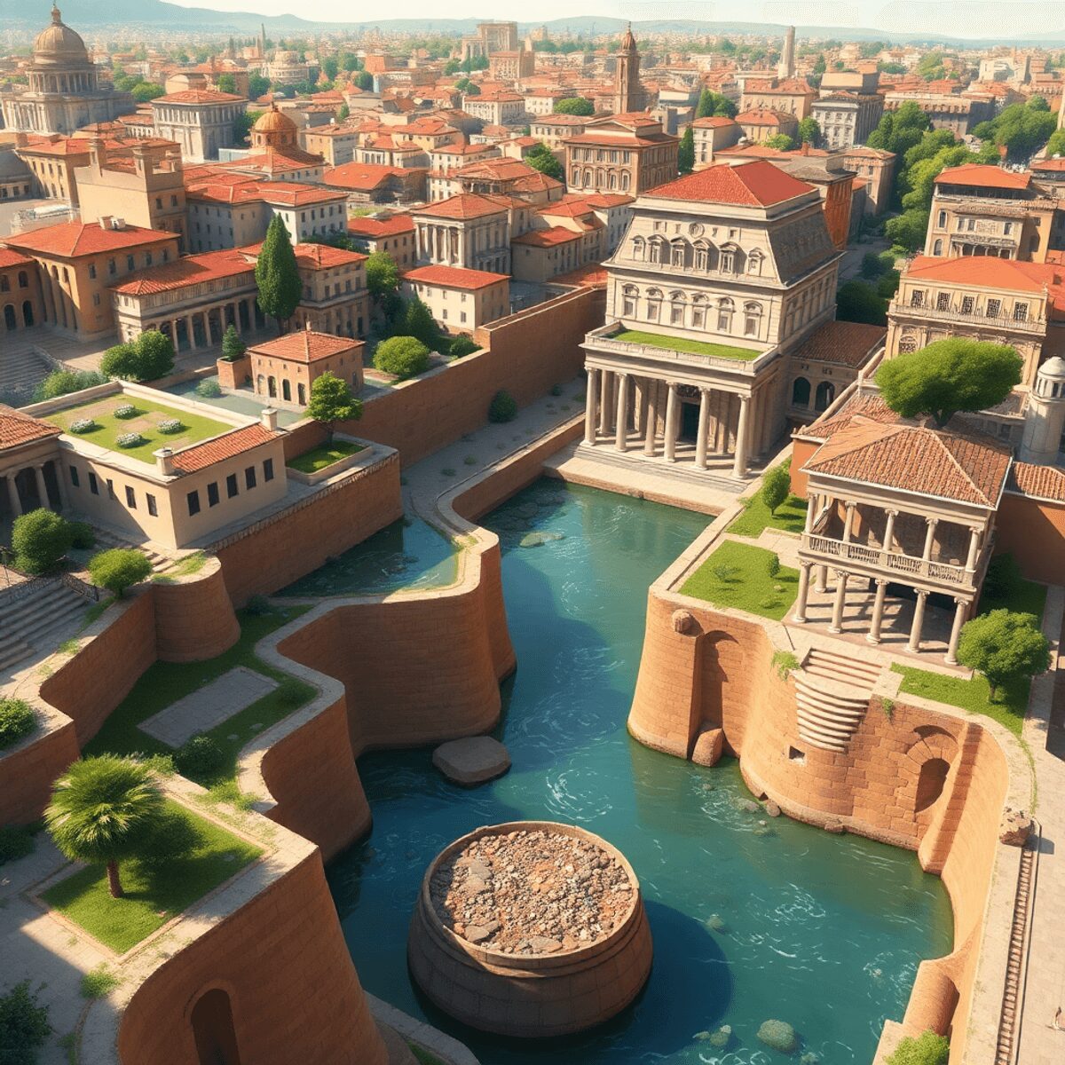 Artistic illustration of ancient Roman cityscape with Cloaca Maxima sewage system, communal landfills, classical architecture, and greenery in a re...