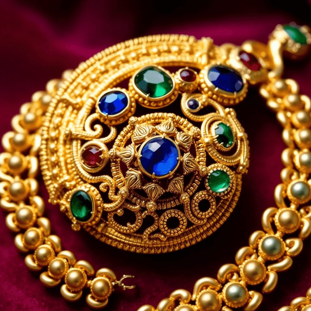Close-up of ancient Roman gold jewelry with detailed granulation, filigree, and colorful gemstones on rich velvet background.