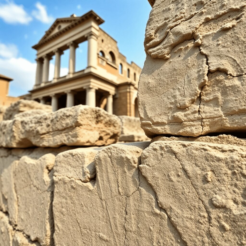 Close-up of rugged ancient Roman concrete and masonry with cracks, featuring a historic wall and part of an ancient building under a clear sky.
