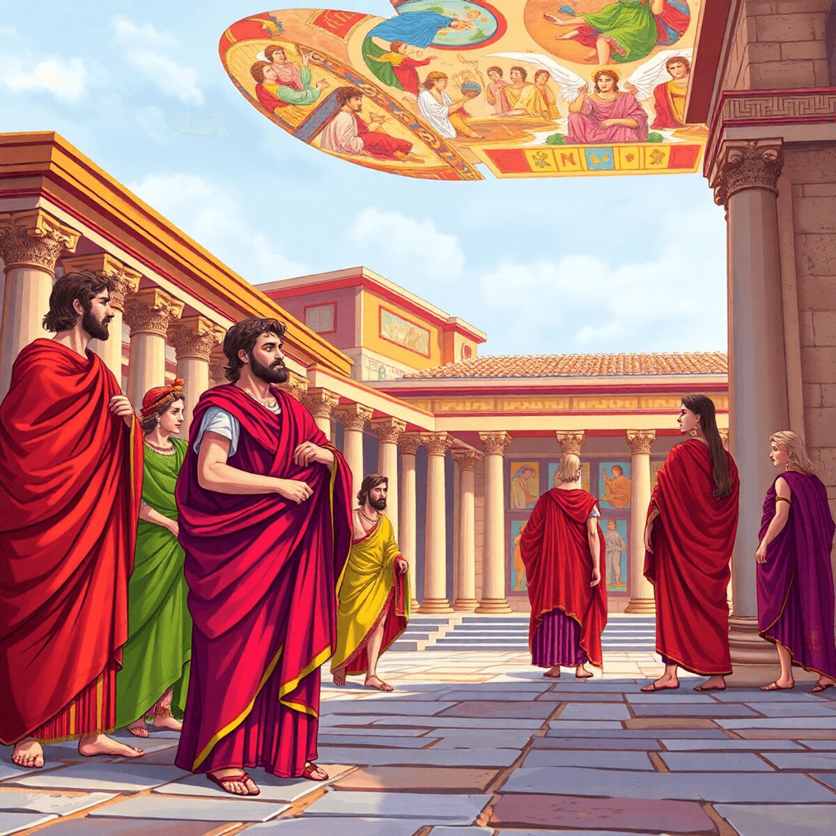 How Romans Used Color Symbolism in Art, Fashion, and Architecture Colorful ancient Roman togas and robes displayed against classical architecture with vivid frescoes and mosaics in rich reds, purples, and golds.