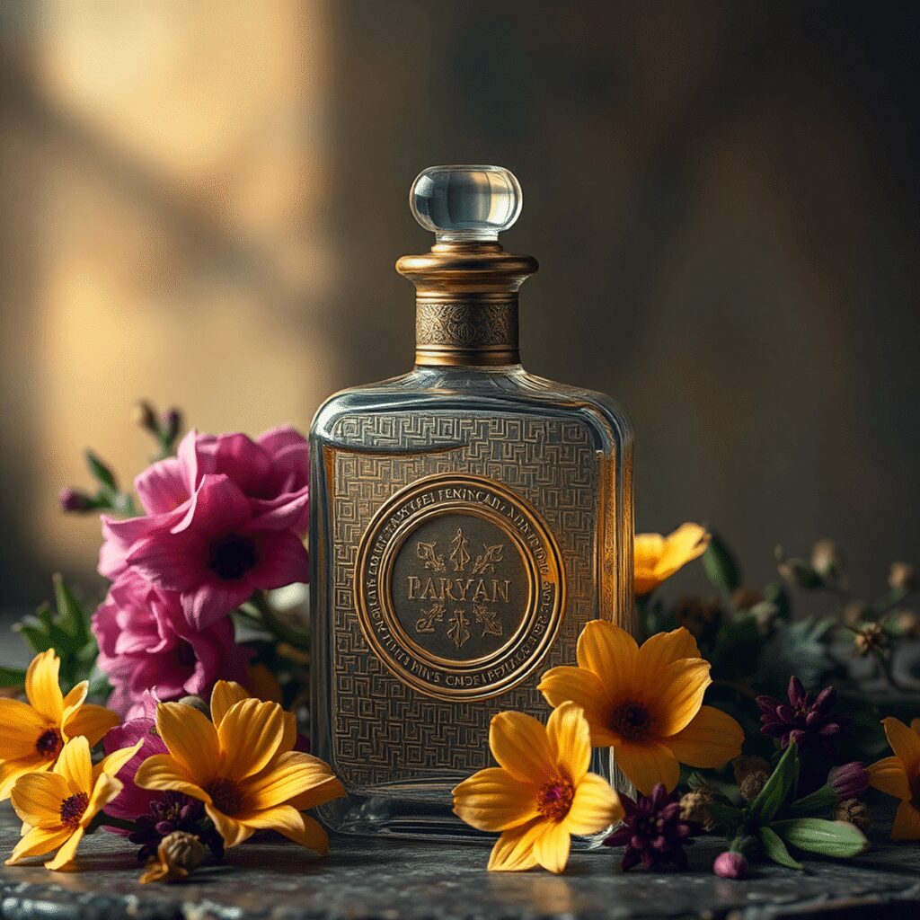 The Secret World of Roman Perfumeries: Scent, Status, and Seduction Elegant ancient Roman perfume bottle with intricate designs, surrounded by exotic flowers and herbs on a softly lit luxurious background.