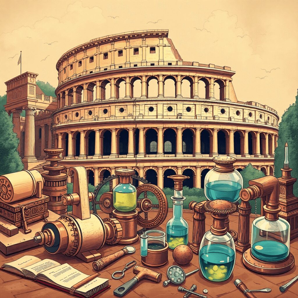 Illustration of ancient Roman engineering with aqueducts, the Colosseum, metalworking tools, and chemical apparatus in a warm, historical color pal...