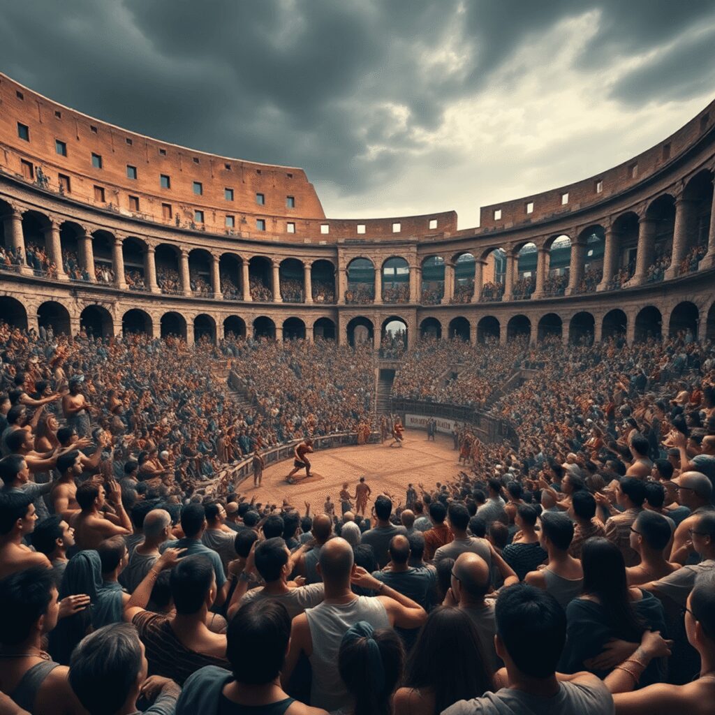 Sports Fans in the Colosseum: Ancient Hooliganism Explained The Roman Colosseum packed with an excited crowd watching a fierce gladiatorial game, capturing intense emotions and lively ancient sports atmosphere.