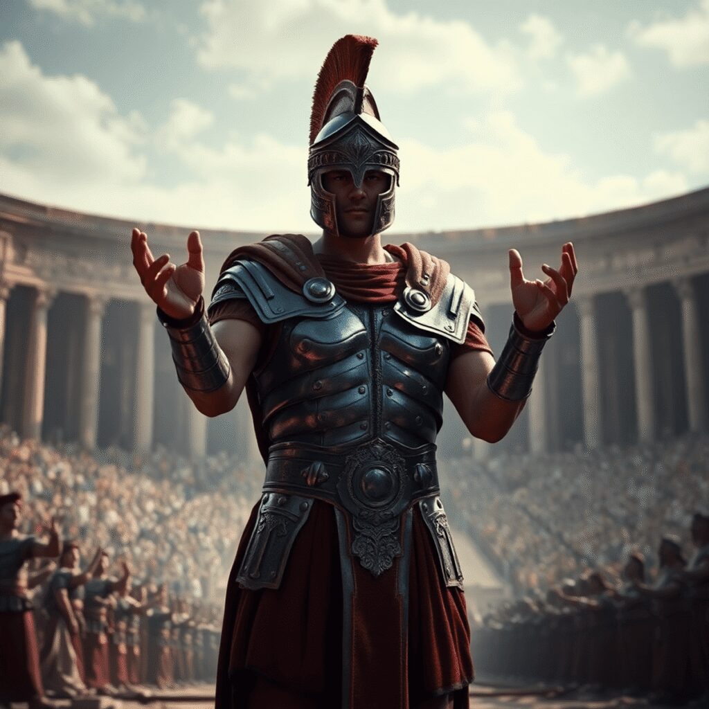 The Secret Language of Roman Gladiators: Signs, Signals, and Brotherhoods A Roman gladiator in full armor stands confidently in an ancient arena, surrounded by shadows of a cheering crowd and faint Roman sculptures.