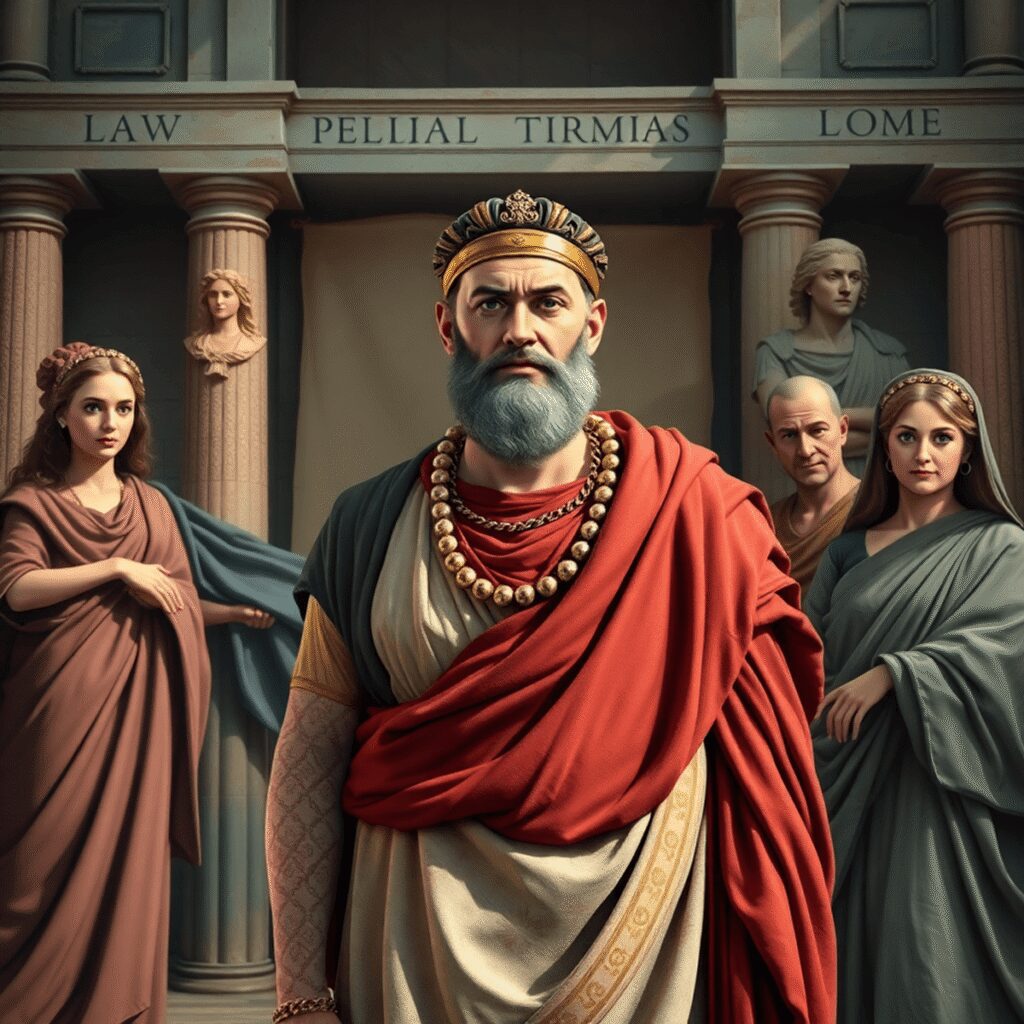Roman Adoption Practices: Creating Dynasties Through Family Ties A distinguished Roman paterfamilias in toga stands amid scrolls and ancestral busts, symbolizing authority, family heritage, and Roman legal tradit...