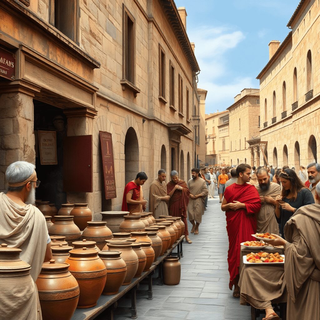 A lively ancient Roman street with a thermopolium displaying clay pots, stone buildings, and citizens in traditional attire eating outdoors.