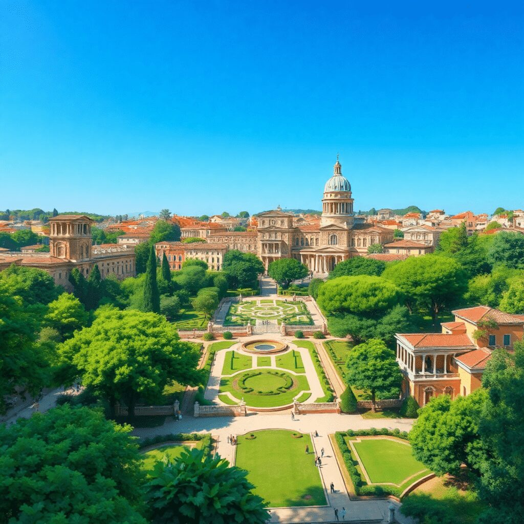 How Ancient Rome Pioneered Urban Green Spaces and Gardens A realistic illustration of an ancient Roman city with green parks, private garden villas, and classical architecture under a clear blue sky.