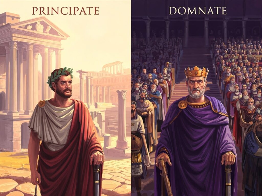 From Princeps to Dominus: How Crisis, Ceremony, and Bureaucracy Forged the Late Roman Monarchy From Princeps to Dominus: How Crisis, Ceremony, and Bureaucracy Forged the Late Roman Monarchy