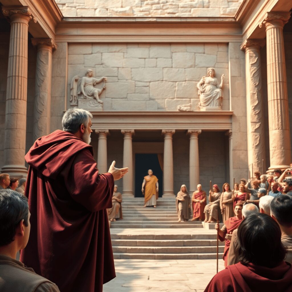 An ancient Roman courtroom with a robed orator speaking passionately before a crowd, set against classical stone columns in the Roman Forum.