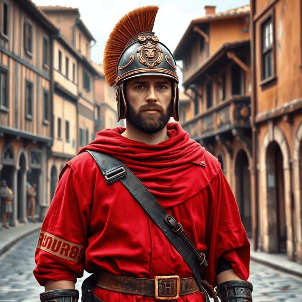 An ancient Roman firefighter in traditional uniform stands alert before historic wooden buildings and early city streets, highlighting fire safety ...