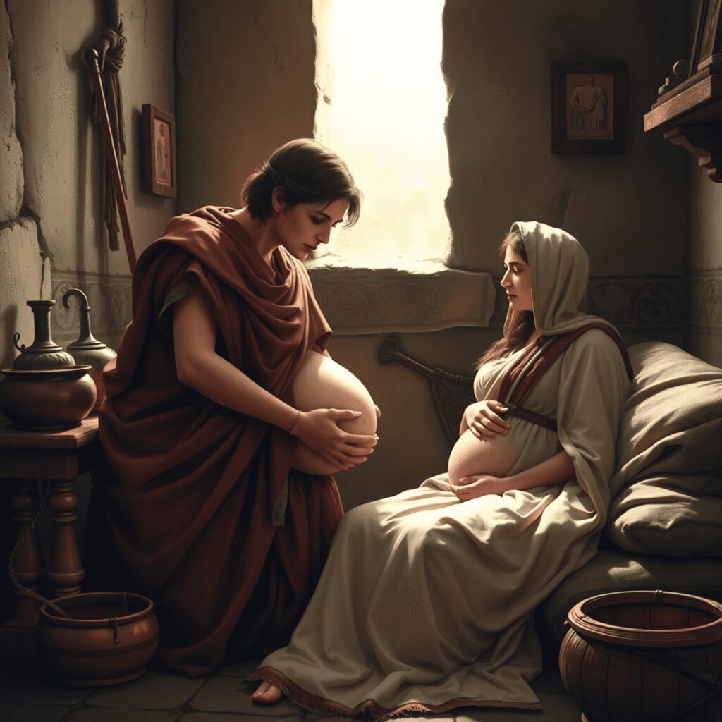An ancient Roman midwife assisting a pregnant woman in traditional attire inside a modest Roman room with medical tools and cultural symbols.