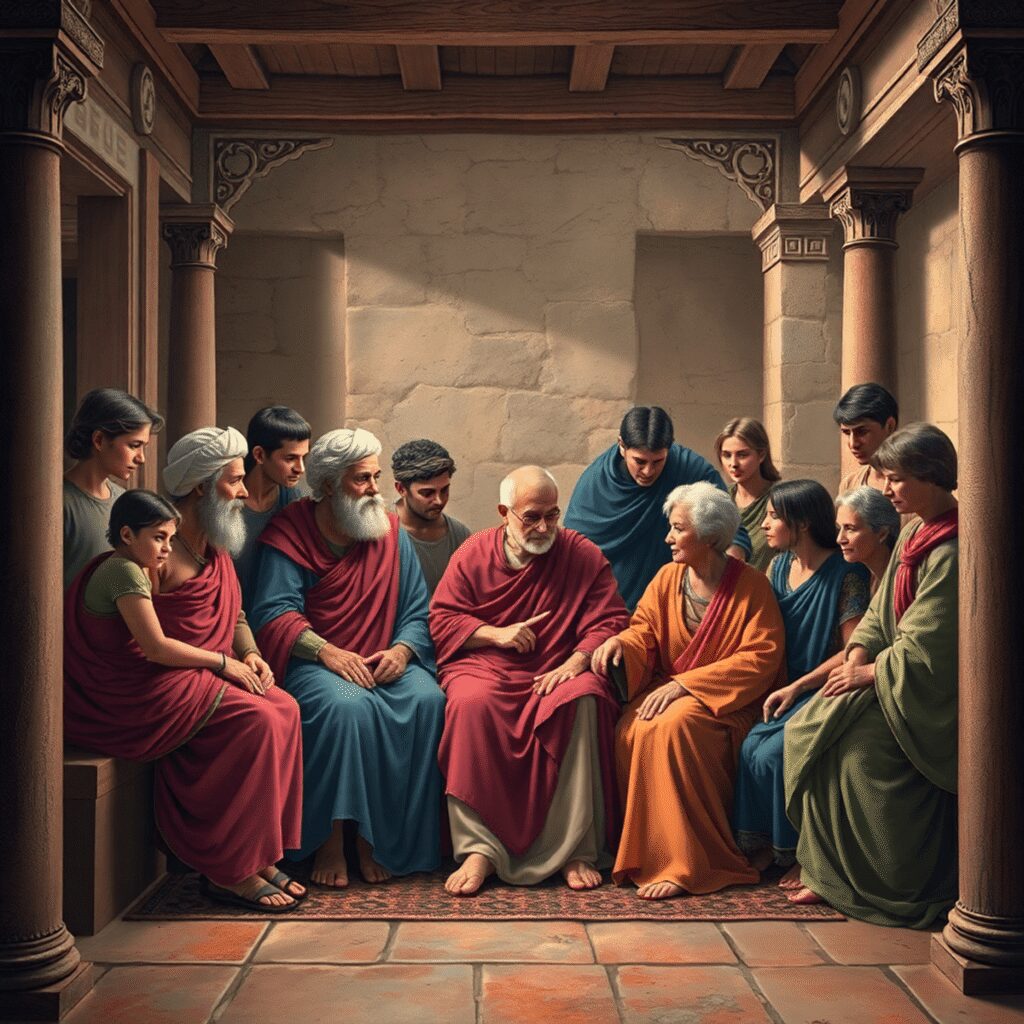 How Ancient Romans Dealt with Aging Parents—Comparisons with Today’s Elder Care An artistic scene of an ancient Roman family in a traditional home, showing elderly parents with adult children amid classical architecture and war...