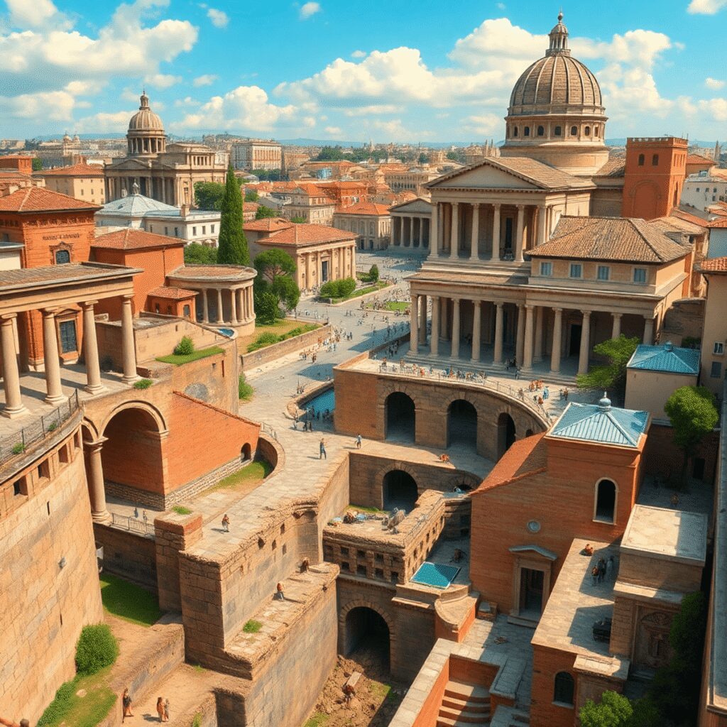 How Romans Managed Waste and Recycling in Mega Cities of Antiquity Ancient Roman cityscape with aqueducts, the Pantheon, stone sewers, and public latrines showcasing advanced urban sanitation.
