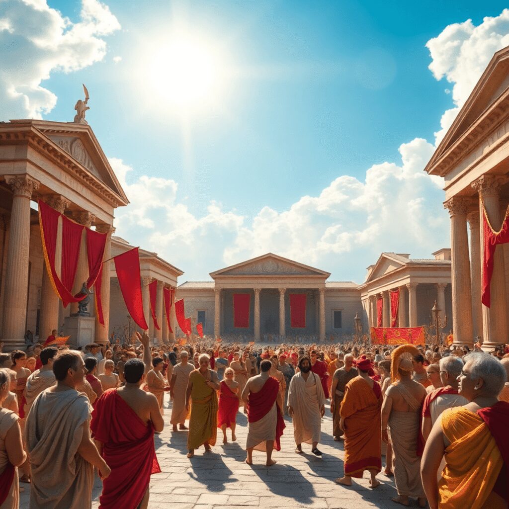 Ancient Roman festival with temples, decorations, and people in traditional attire celebrating under a bright sun symbolizing the "Unconquered Sun"...