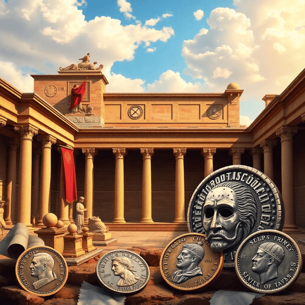 Roman Satire: Comedians Who Challenged the Powerful with Laughter Ancient Roman forum with classical buildings, scrolls, masks symbolizing satire, and coins showing imperial images in a realistic style.