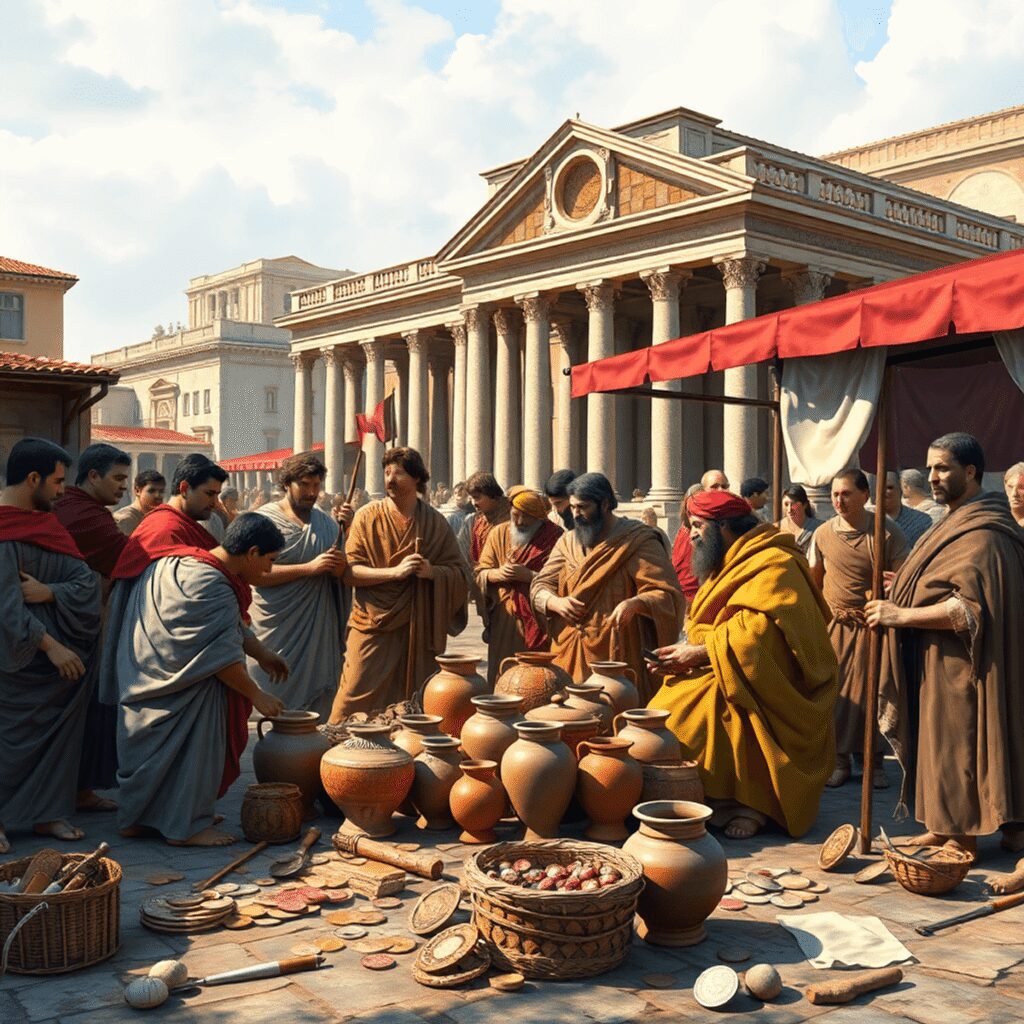 Roman Social Clubs and Guilds: Networking in Antiquity’s Business World Ancient Roman marketplace with artisans and merchants, coins, pottery, tools, and classical Roman buildings in the background.