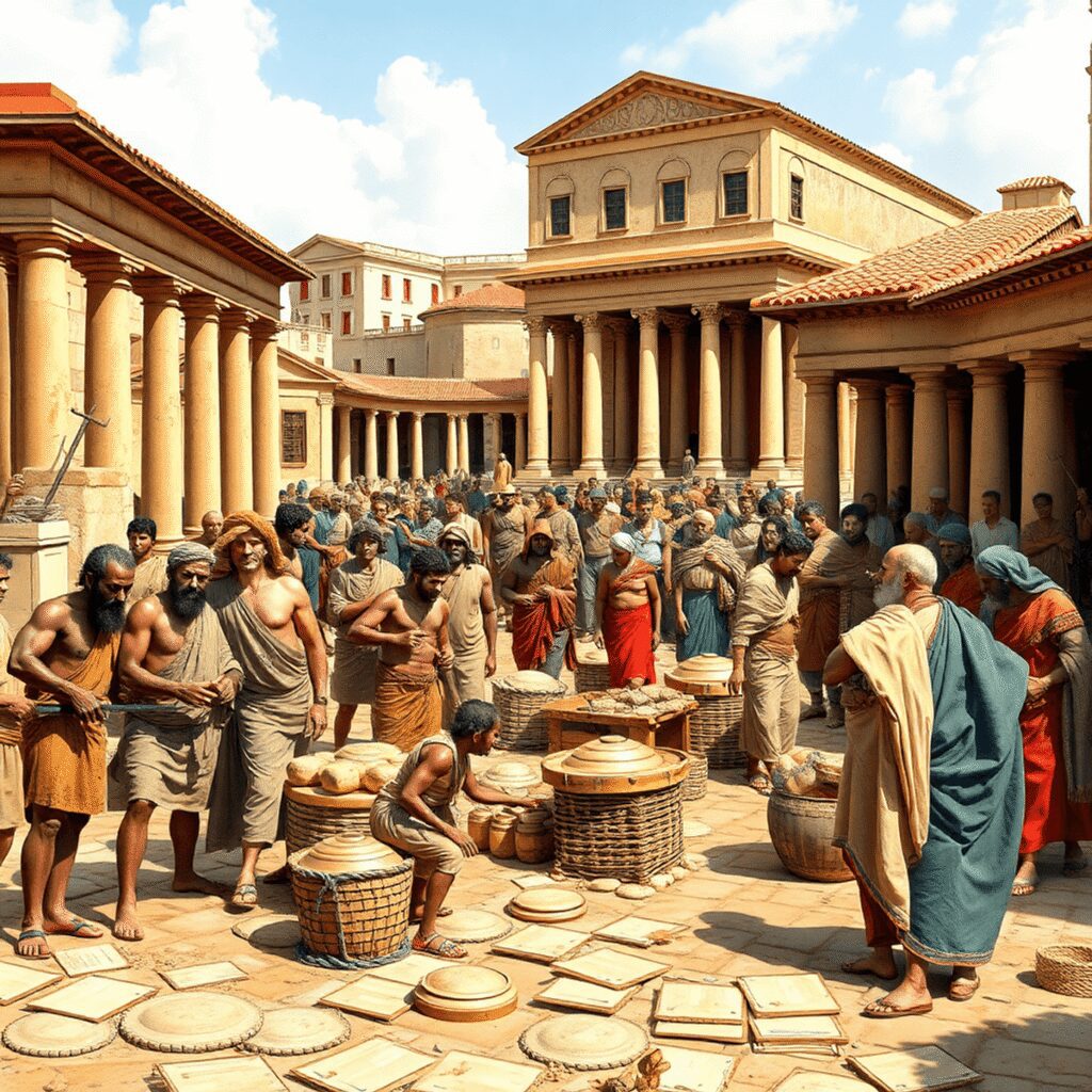 The Economics of Slavery in Ancient Rome: Impact on Innovation and Society Ancient Roman marketplace with laborers and citizens amid classical architecture, depicting economic activity and social hierarchy.