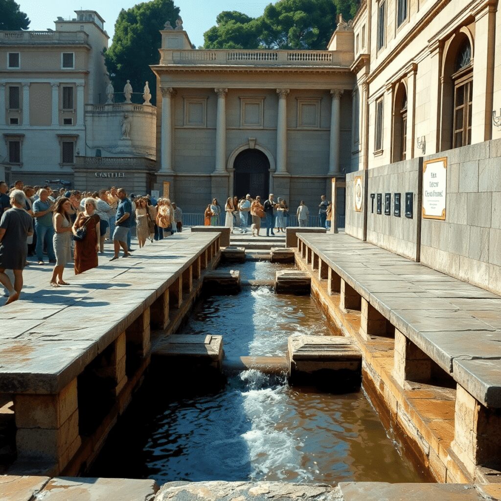 Roman Public Toilets and Hygiene: Social Spaces Beyond Bathhouses Ancient Roman public toilet with stone benches and water channels, set in a busy urban area with classical architecture in the background.