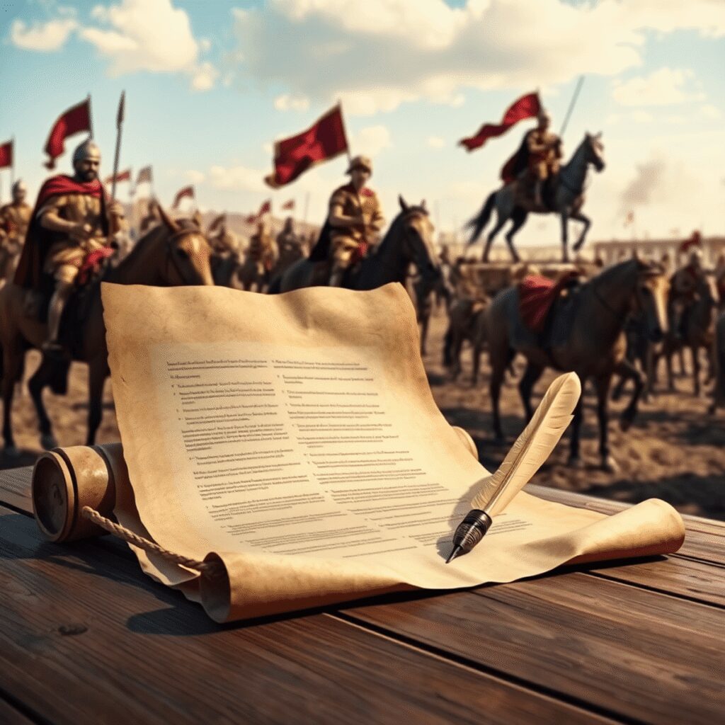 The Art of Roman Letter Writing: Communication Across an Empire Ancient Roman scroll and quill on wooden table with Roman camp and horseback couriers delivering messages under clear sky.