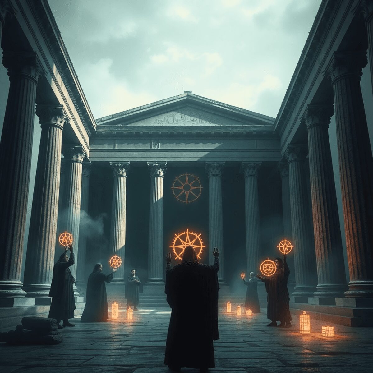 Ritual Magic and Occult Practices Amongst the Roman Elite Uncovered Ancient Roman temple with grand columns, shadowy figures performing glowing ritual magic, blending Roman religion and occult elements in a realisti...