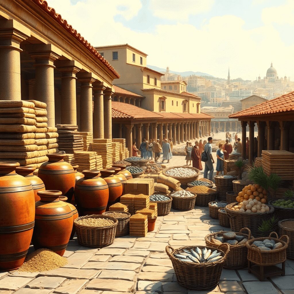 Ancient Rome’s Hidden Exports: Trade Beyond Wine and Olive Oil Bustling ancient Roman marketplace with amphorae, grains, fish baskets, luxury goods, and Roman architecture by a lively port city.