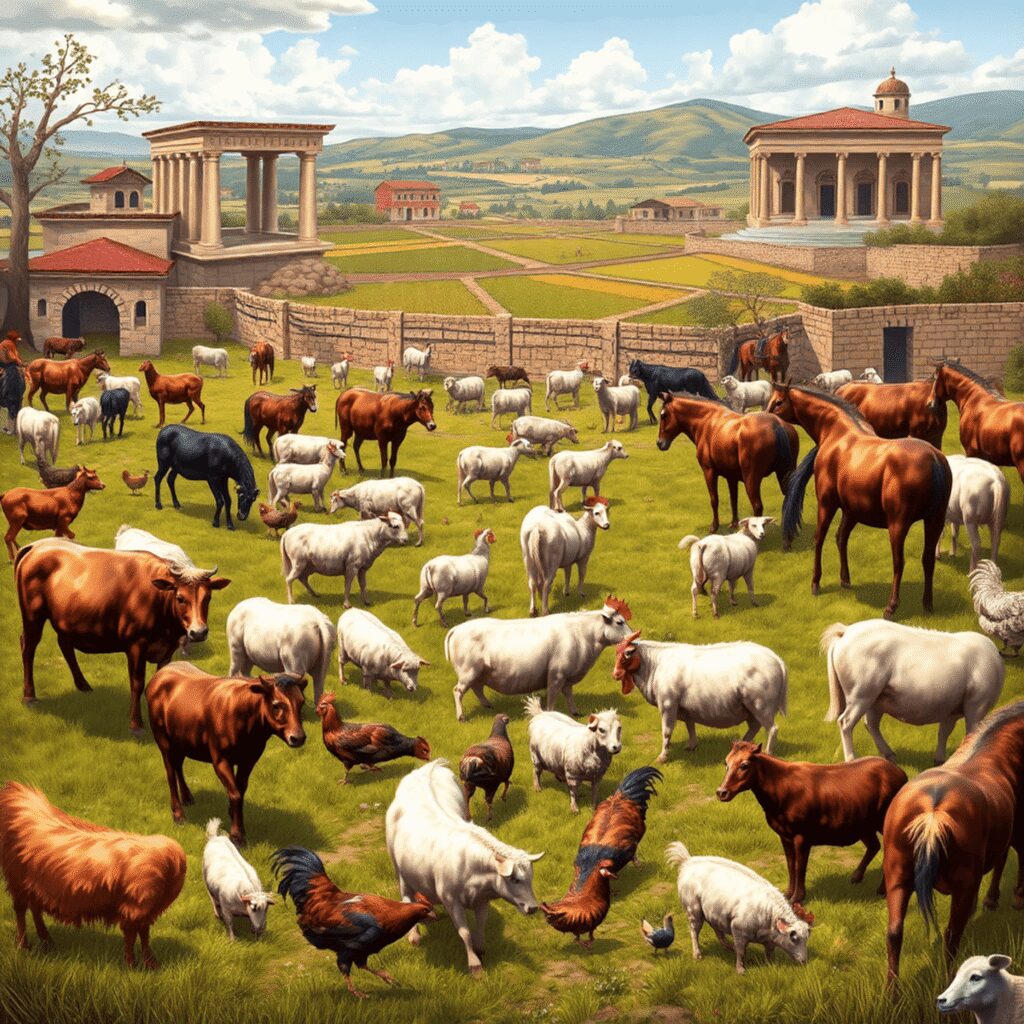 Ancient Roman Animal Husbandry: Farming Techniques Ahead of Their Time Illustration of a Roman farm with cattle, sheep, pigs, chickens, and horses grazing near ancient Roman buildings and farmland.