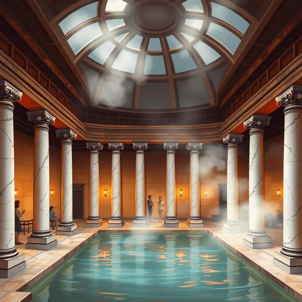 Unwritten Rules of Etiquette at a Roman Bathhouse Revealed for Modern Readers Interior illustration of an ancient Roman bathhouse with marble columns, warm lighting, steam, and classical architecture creating a serene social ...