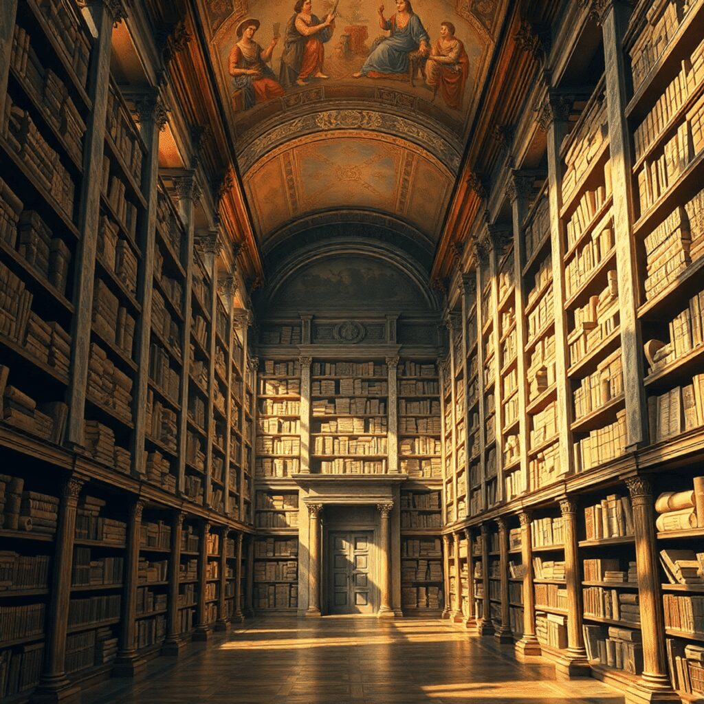 Rome’s Lost Libraries—What Happened to the Knowledge Vaults of Antiquity? Interior of an ancient Roman library with towering shelves of scrolls, marble columns, frescoes, and warm golden lighting highlighting classical ar...