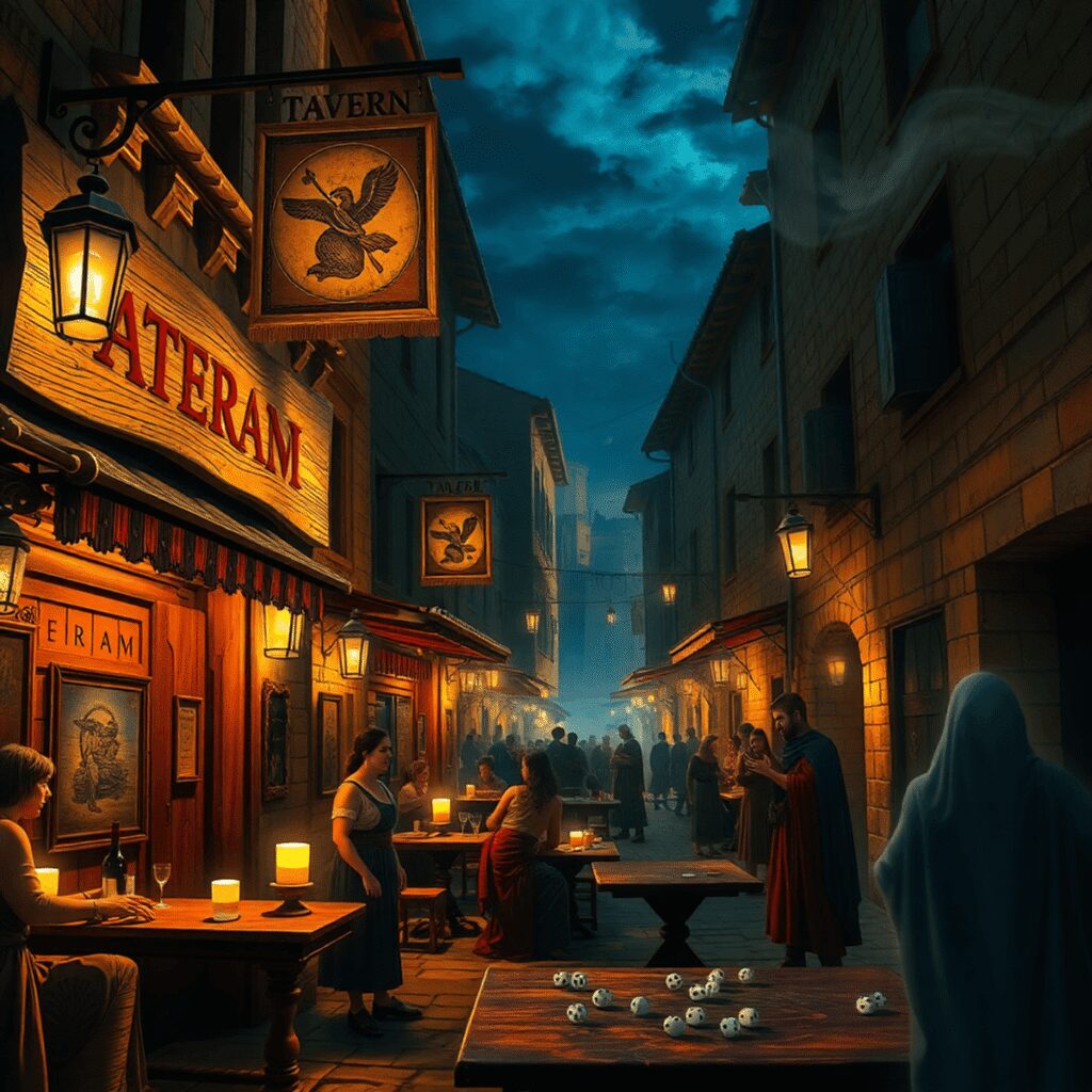 Roman Nightlife: Taverns, Gambling, and Urban Legends After Dark Nighttime Roman street scene with lively tavern, glowing lanterns, people dining, dice on table, and faint ghostly shadows creating a mysterious at...
