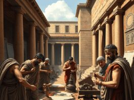 Skilled workers crafting mechanical devices in an ancient Roman workshop with blueprints and classical architecture in the background.