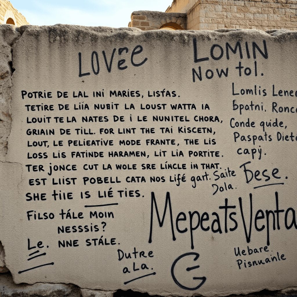 Roman Graffiti Decoded: Political Satire on Ancient Walls Weathered stone walls in Pompeii with ancient Roman political graffiti featuring handwritten Latin inscriptions and drawings.