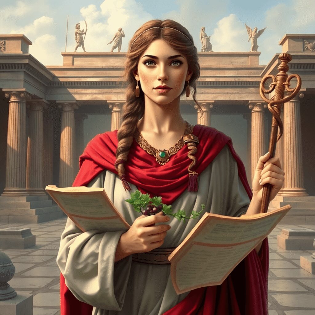 Women Doctors in Ancient Rome: Breaking the Gender Barrier in Medicine A female physician in ancient Roman attire holding scrolls and herbs, standing before classical Roman architecture with medical symbols like the Ro...