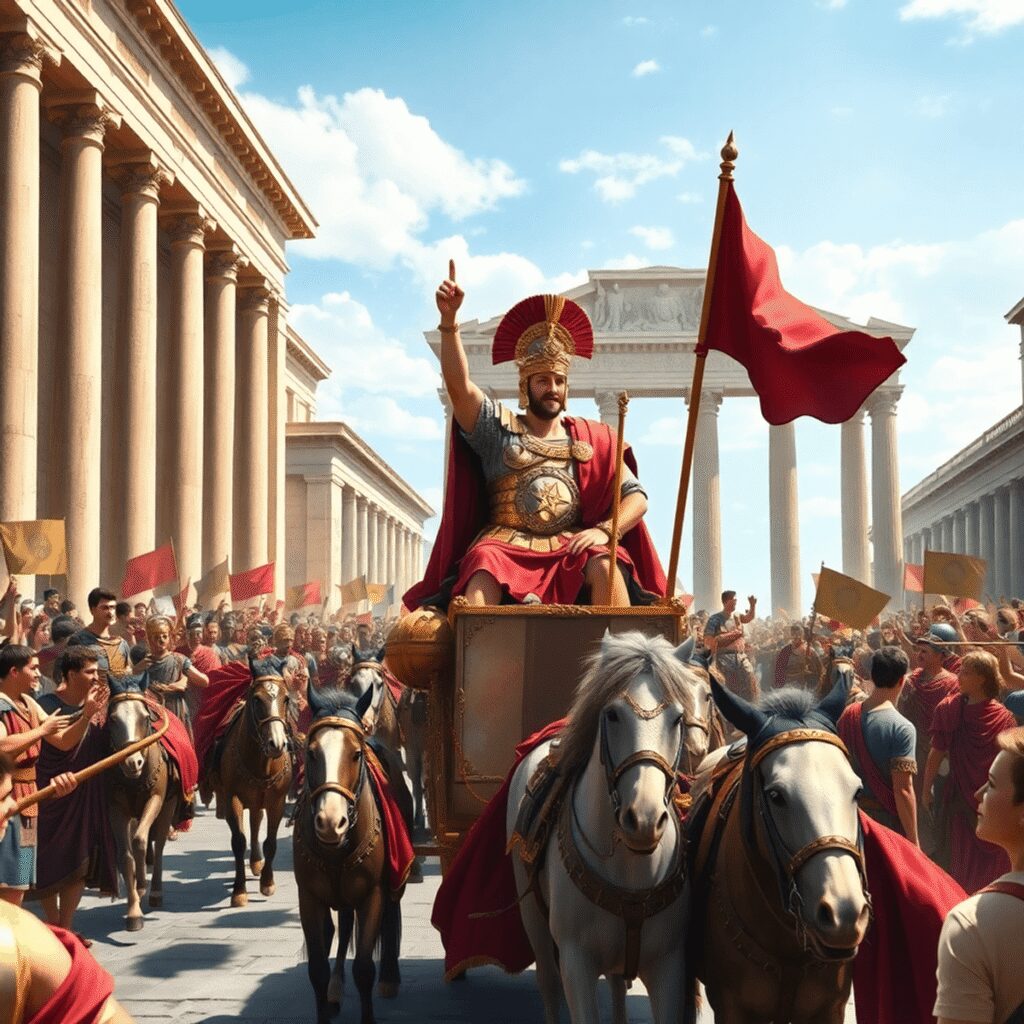 A grand Roman triumphal procession with a general in ornate armor on a horse-drawn chariot, surrounded by cheering crowds and soldiers near Roman a...
