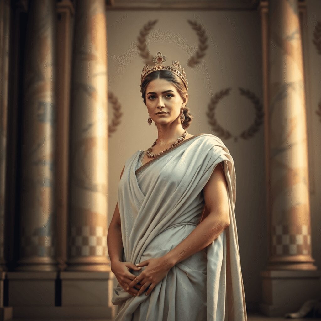 Empresses Behind the Throne: Women Who Quietly Ruled Rome A regal Roman empress in traditional attire stands confidently in a grand palace with marble columns and laurel wreaths, bathed in warm, soft light...