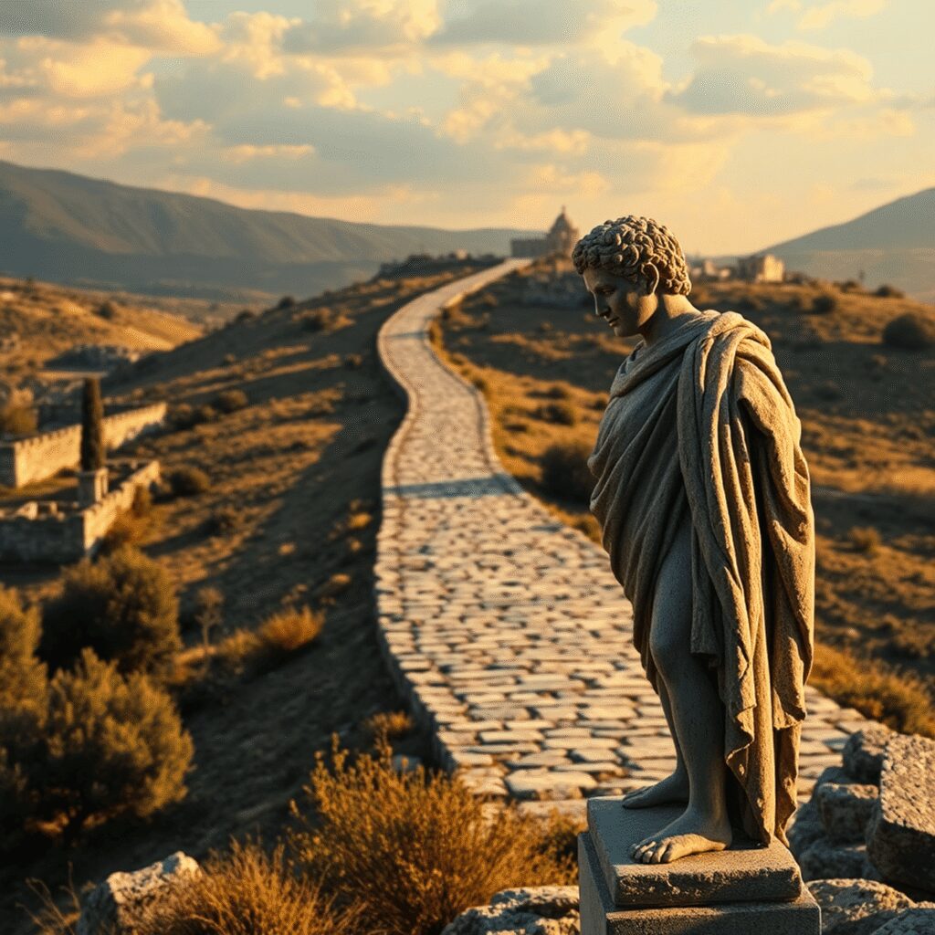 A winding ancient Roman stone road under warm sunlight with a solitary weathered statue in the foreground, evoking history, exile, and resilience.