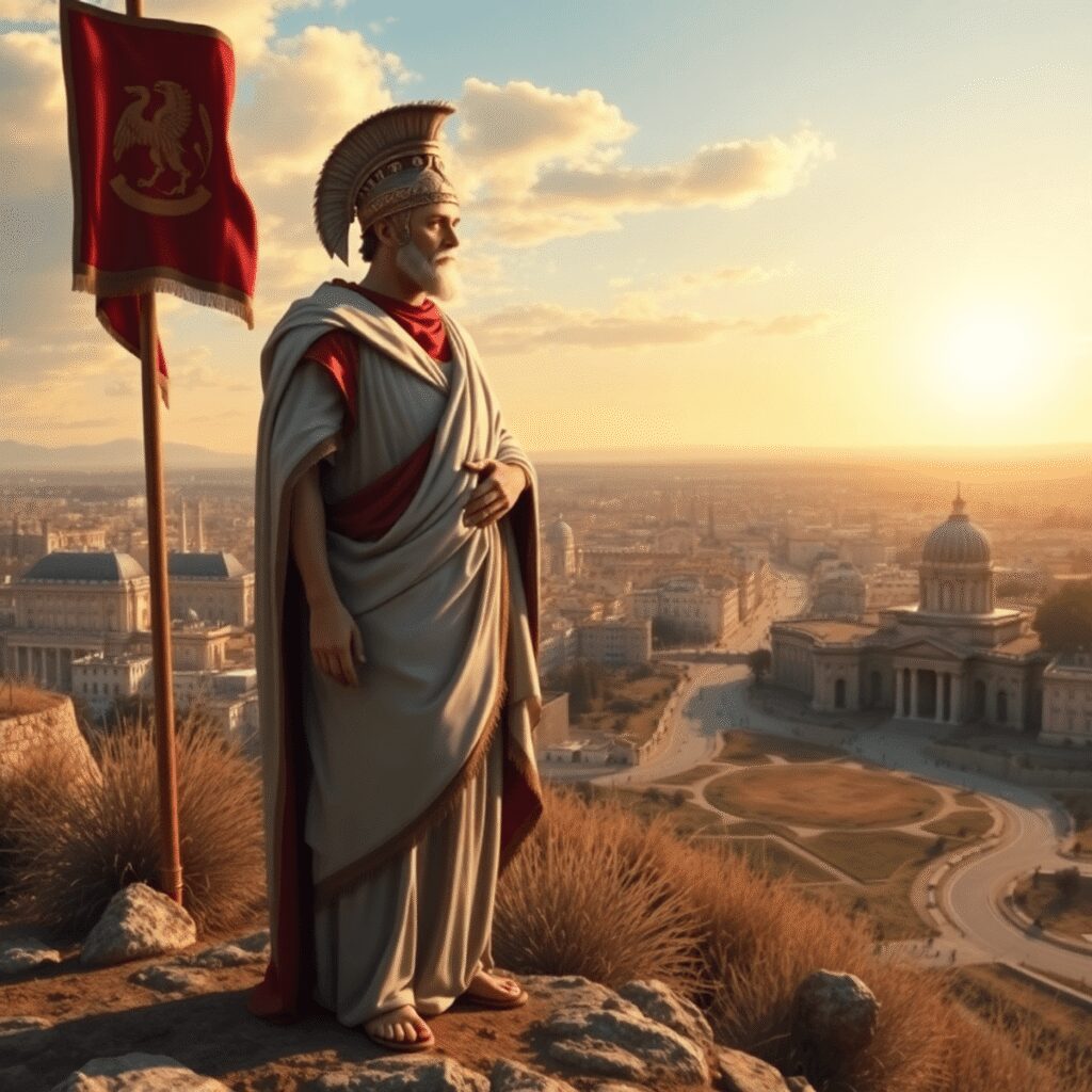 Fathers and Sons: Family Dynasties That Changed Rome’s Course An ancient Roman pater familias and his son stand on a sunlit hill overlooking a vast city with classical buildings, olive branches, military stand...