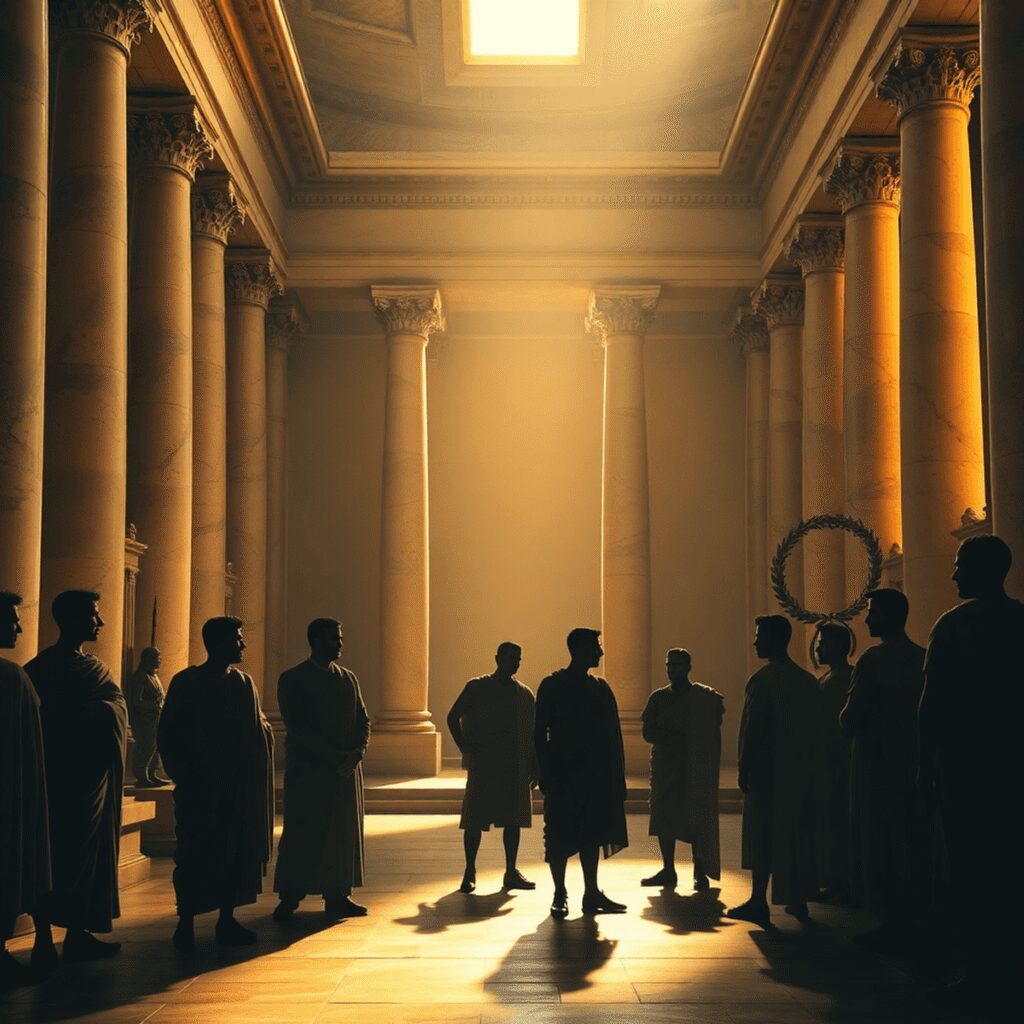 Ancient Roman Senate chamber with marble columns, statues, laurel wreaths, and shadowy senators in togas engaged in serious discussion.