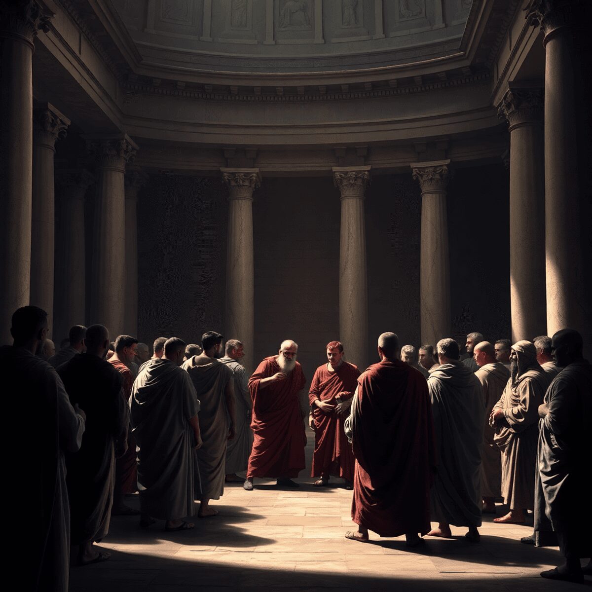 Ancient Roman Senate chamber with shadowy figures in togas debating amid marble columns and classical architecture, capturing a historic political ...