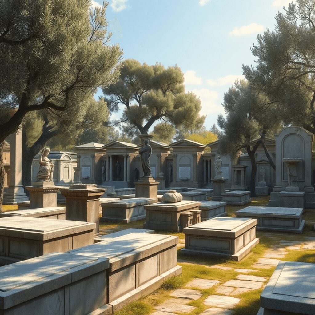 Roman Cemeteries as Community Hubs: Mourning, Memory, and Social Rituals Ancient Roman cemetery with stone tombs and sculptures among olive trees bathed in gentle sunlight, evoking peace and remembrance.